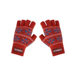 A pair of red fingerless gloves with blue and white snowflake patterns and a branding logo.