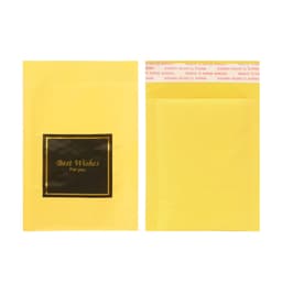 A yellow padded bubble envelope with a black-framed message and a self-adhesive seal. Features branding on the flap.