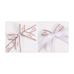 Two adhesive ribbon bows, one in brown and white gingham and the other in white, both featuring a logo.