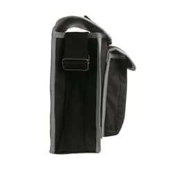 A portable tool bag in black with grey accents, featuring a sturdy strap and open top design.