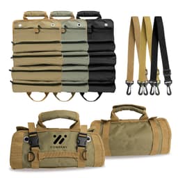 A roll-up tool bag in khaki, green, and black, with detachable straps and handles for easy carrying.