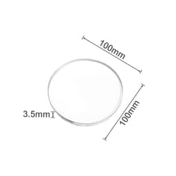 A clear acrylic coaster, circular in shape, measuring 100mm in diameter and 3.5mm thick.