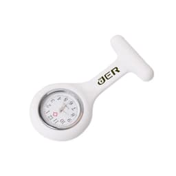 A white silicone nurse watch with a round face displaying numbers and a logo.