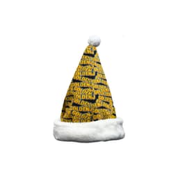 A vibrant yellow Santa hat featuring repeated text and a white fluffy trim, showcasing a playful design.
