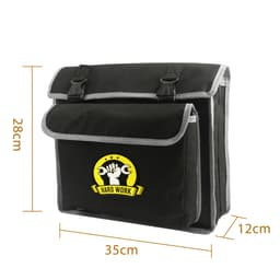 A black portable tool bag with grey trim and a logo, featuring two front pockets and dimensions provided.