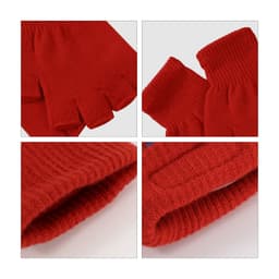 Red fingerless gloves with a knitted texture and woven label, featuring an open fingertip design.