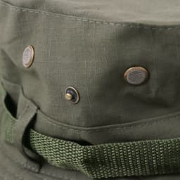 A green outdoor brim hat featuring metal snap buttons and a woven band for added style.