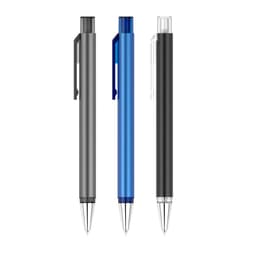 Three plastic pens in grey, blue, and black, each with a clip and a decorative logo.