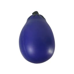 An eggplant-shaped stress reliever in purple with a green top, featuring a smooth, soft texture.
