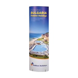A tall, cylindrical cardboard display featuring a beach resort scene with blue and white colours and a logo at the bottom.