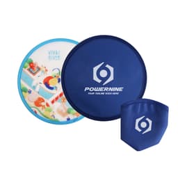A 25cm foldable frisbee in blue and a matching pouch, featuring a vibrant design on one side and a logo.