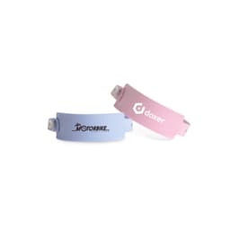Two disposable PVC wristbands in light blue and pink, featuring logos on each band.