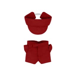 A red plush racing suit set for a 10cm doll, featuring a cap and shorts. Includes a logo on the attire.