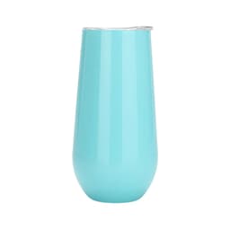 A drink bottle in a bright turquoise colour with a stainless steel lid and sleek design. It features a logo.