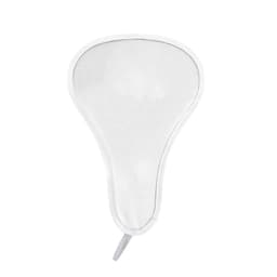 A foldable event fan in white with a handle, featuring a simple design and a logo on the side.