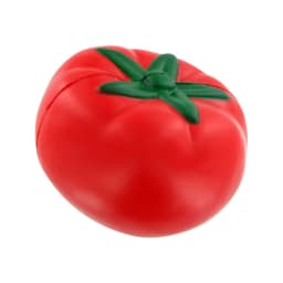 A red tomato-shaped stress reliever with a green stem, featuring a smooth texture and a rounded design.