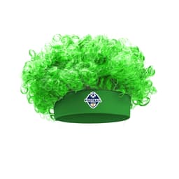 A bright green curly afro headband wig with a solid band and a football logo.