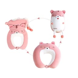 A pink tiger-shaped travel pillow that transforms into a plush toy, featuring cute facial details and pom-pom accents.
