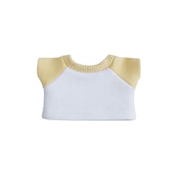 A plush doll raglan T-shirt in white and yellow, featuring short sleeves and a ribbed neckline.