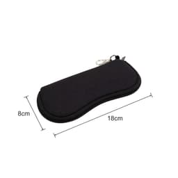 A black neoprene glasses pouch with a zip closure, measuring 18 cm by 8 cm, featuring a clip and a logo.