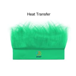 A solid green headband wig with a fluffy texture and a logo on the band.
