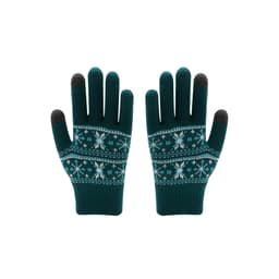 A pair of teal Jacquard gloves featuring a snowflake pattern in white and grey fingertips. The gloves have a knitted design.