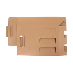 A cardboard packaging box in a light brown hue, designed to hold three wine bottles, featuring cutout handles and a logo.