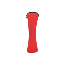 A red zippered pouch designed to hold a travel utensils set, featuring a sleek, curved shape.