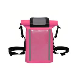 A waterproof crossbody handlebar bag in bright pink with reflective stripes and adjustable straps. It features a clear front pocket.