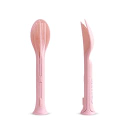 A 3-in-1 portable utensils set in pink, featuring a fork, spoon, and chopsticks, with a sleek design and logo.