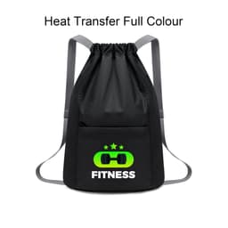 A black drawstring backpack with a green and white graphic logo and grey straps. It features a front pocket.