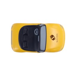 A yellow sports car-shaped stress reliever with a black top and a logo on the side.