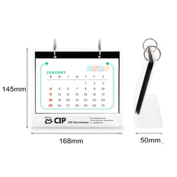 Acrylic desk calendar and photo album organiser displaying a colourful calendar layout with a branding logo, in clear acrylic.