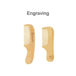A natural bamboo comb with a handle, featuring a light wood colour and two different styles. It includes branding.