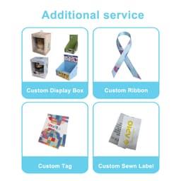 A selection of custom packaging options, including display boxes, ribbons, tags, and sewn labels in various colours.