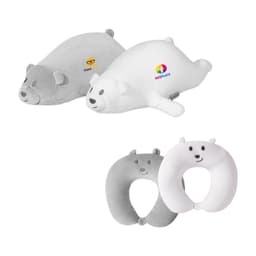 Bear-shaped travel pillows in grey and white, featuring a round neck pillow and a flat pillow. One has a logo.