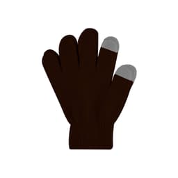 A pair of brown knitted gloves featuring grey tips on the fingers. The gloves have a woven label.