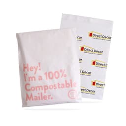 A large white biodegradable mailer bag with a logo and text about compostability.