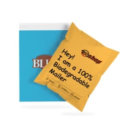 A yellow biodegradable mailer bag with a logo, placed beside a blue bag.