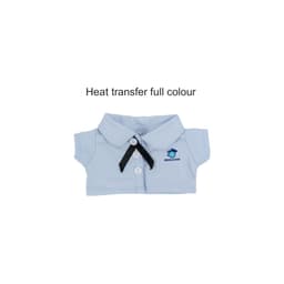 A light blue doll shirt with a collar and buttons, featuring a logo on the front.