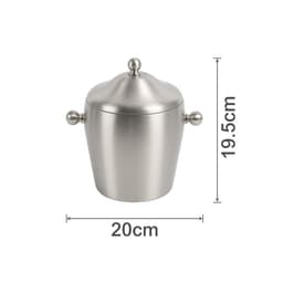 A stainless steel ice bucket with a shiny finish, featuring a lid and two side handles. It measures 20cm in diameter and 19.5cm in height.