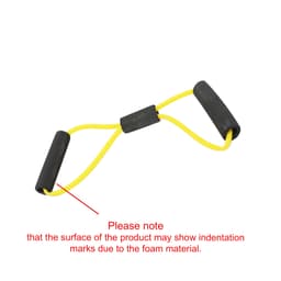 A Figure 8 resistance band with yellow rubber tubing and black foam handles, featuring a logo on the handles.