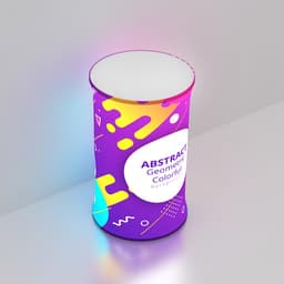 A round backlit LED display featuring an abstract, colourful design in purple, yellow, and blue, with a branding logo.