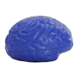 A blue brain-shaped stress reliever with textured detailing and a small logo on one side.