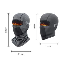 A balaclava cycling face mask in grey, featuring a flame design on the eye area and dimensions provided.