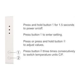 A white digital thermometer with buttons for settings and temperature unit adjustments. Features three indicator dots.