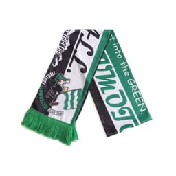 A polyester scarf in green, black, and white, featuring graphics and fringe detailing. It has a logo on one side.