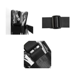 A clear shoulder crossbody bag featuring a zipper closure and adjustable black straps. The material is glossy and transparent.