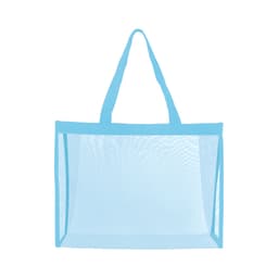 A transparent mesh tote bag in light blue with two shoulder straps and an open design.