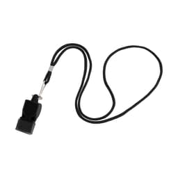 A black plastic whistle with a braided lanyard. The whistle is attached to the lanyard for easy carrying.